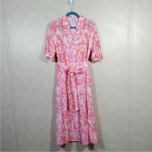 10527 J. McLaughlin pink & orange mostly silk S/S belted dress XL EUC